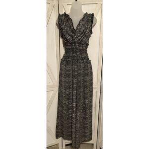 Max Studio London Smocked Waist Jumpsuit Size Small Cap Sleeve V-Neck Black Tan